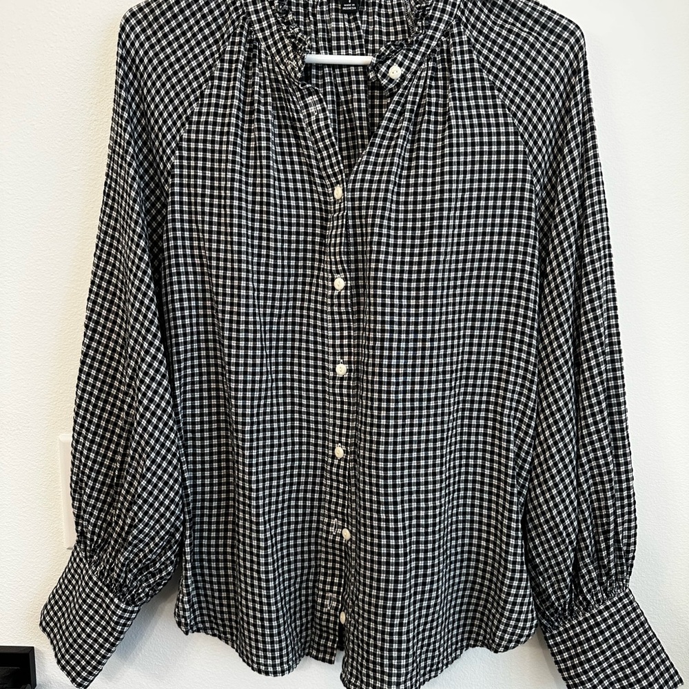 Ruffleneck button-up shirt in plaid soft gauze